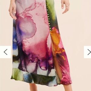 Anthropologie Watercolor Print Midi Skirt with Side Buttons, size  - Pink Multi
